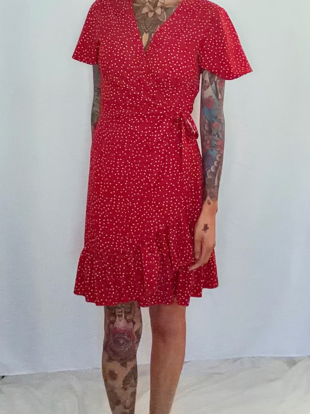 Naggoo Women’s Red Polka Dot Wrap Mini Dress with Tie Waist Romantic Retro